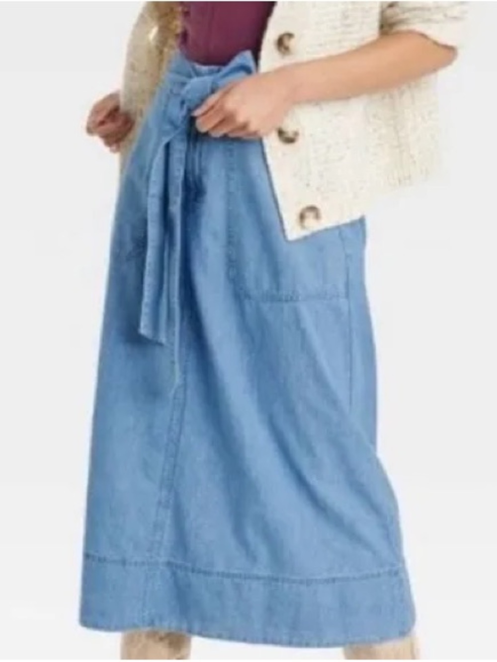Universal Thread Cotton Denim Midi A Line Skirt Belted Elastic Waist 4